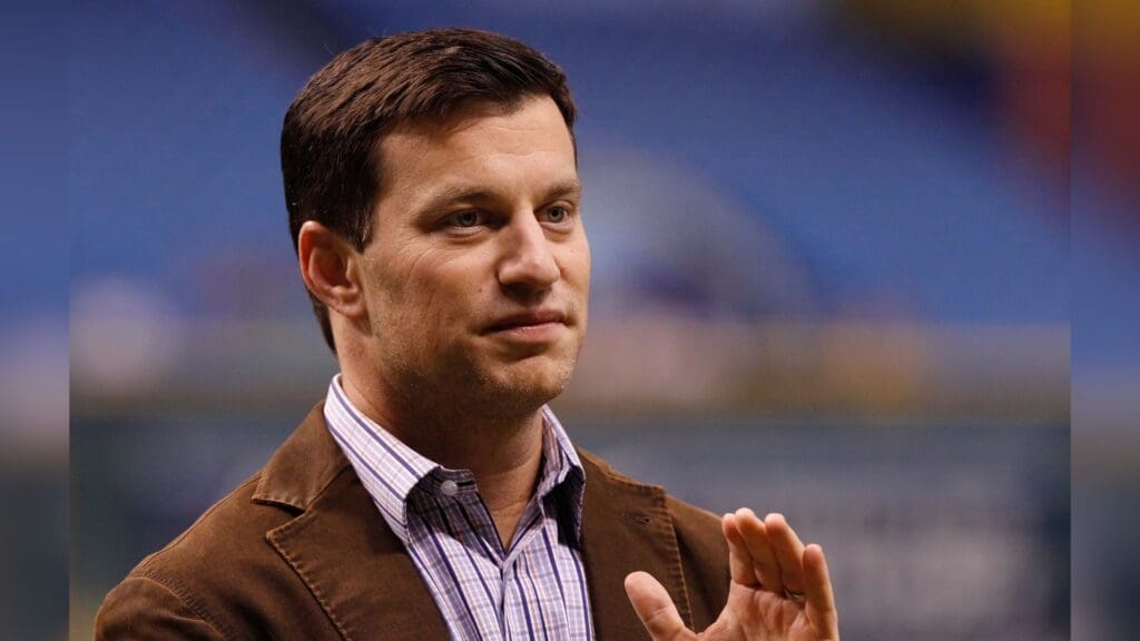 Sep 18, 2013; St. Petersburg, FL, USA; Tampa Bay Rays general manager Andrew Friedman before the game against the Texas Rangers at Tropicana Field.