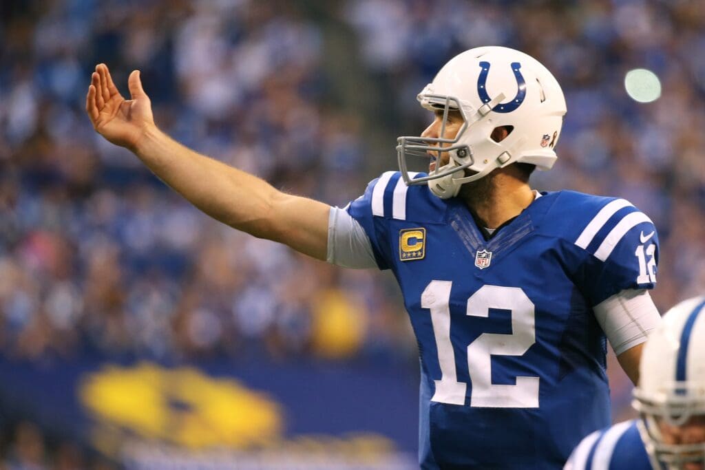 Sep 11, 2016; Indianapolis, IN, USA; Indianapolis Colts quarterback Andrew Luck (12) signals against the Detroit Lions at Lucas Oil Stadium. The Lions won 39-35.