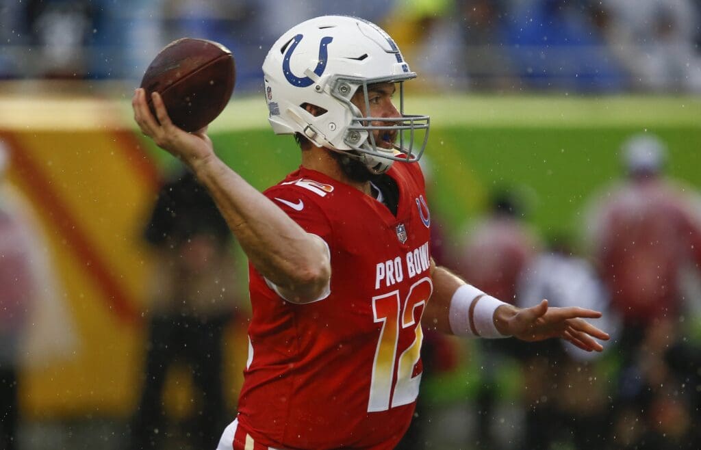 Jan 27, 2019; Orlando, FL, USA; Indianapolis Colts quarterback Andrew Luck (12) throws the ball during the second quarter of the NFL Pro Bowl football game at Camping World Stadium.