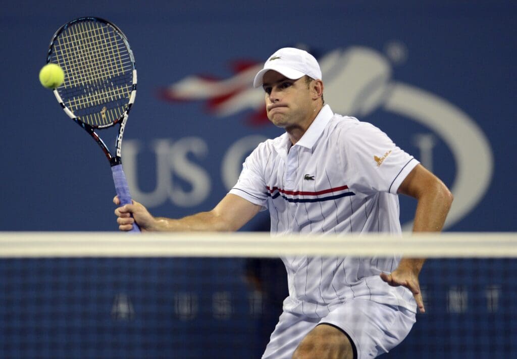Sep 4, 2012; Queens, NY, USA; Andy Roddick (USA) returns a shot against Juan Martin Del Potro (ARG) on day nine of the 2012 US Open at Billie Jean King National Tennis Center.