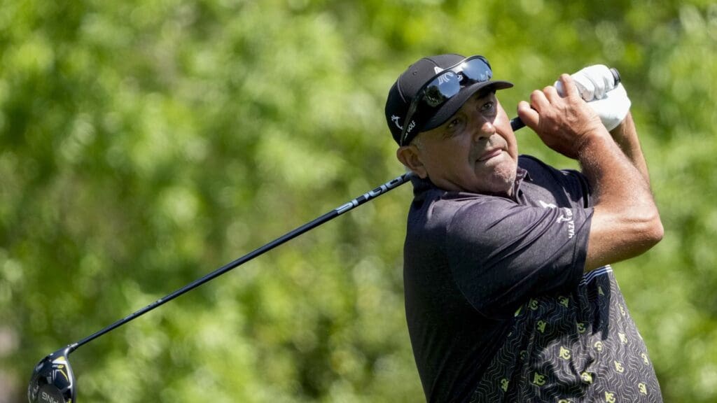 Apr 10, 2025; Augusta, Georgia, USA; Angel Cabrera tees off on no. 5 during the first round of the Masters Tournament.