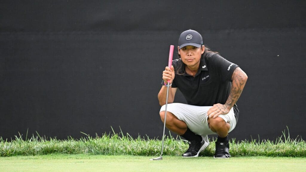 Aug 16, 2024; Greenbrier, West Virginia, USA; Anthony Kim on the 18th green at The Old White at the Greenbrier.