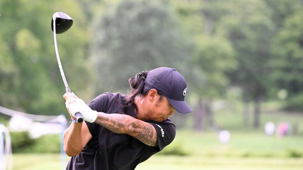 Aug 16, 2024; Greenbrier, West Virginia, USA; Anthony Kim tees off on the first hole at The Old White at the Greenbrier.