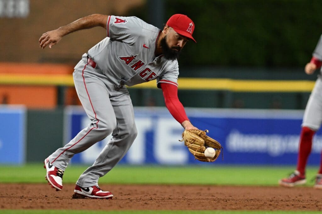 Aug 27, 2024; Detroit, Michigan, USA; Los Angeles Angels third baseman Anthony Rendon (6) fields a ground ball against the Detroit Tigers in the third inning at Comerica Park.