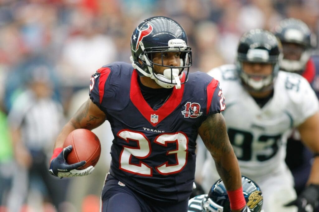 Nov 18, 2012; Houston, TX, USA; Houston Texans running back Arian Foster (23) runs the ball against the Jacksonville Jaguars in the first quarter at Reliant Stadium.