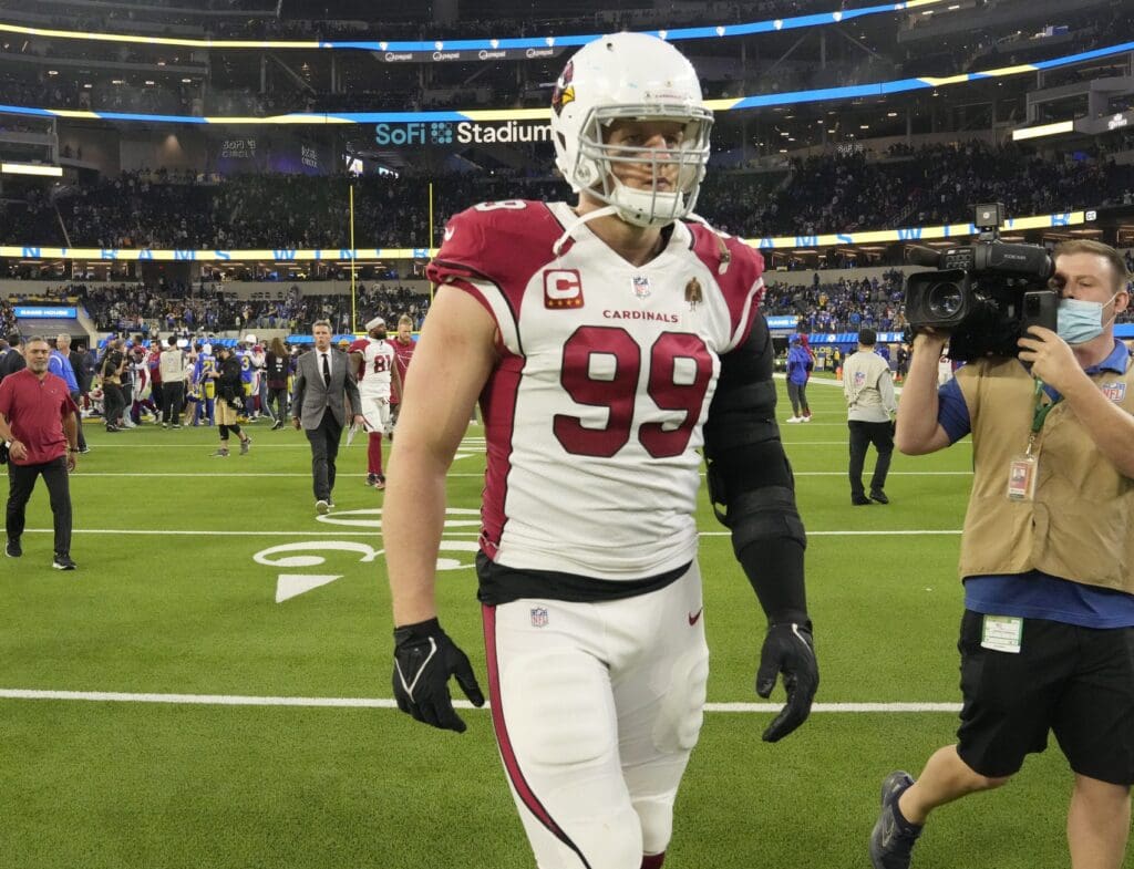 Jan 17, 2022; Los Angeles, California, USA; Arizona Cardinals defensive end J.J. Watt (99) walks off the field after losing 34-11 against the Los Angeles Rams in the NFC Wild Card playoff game.