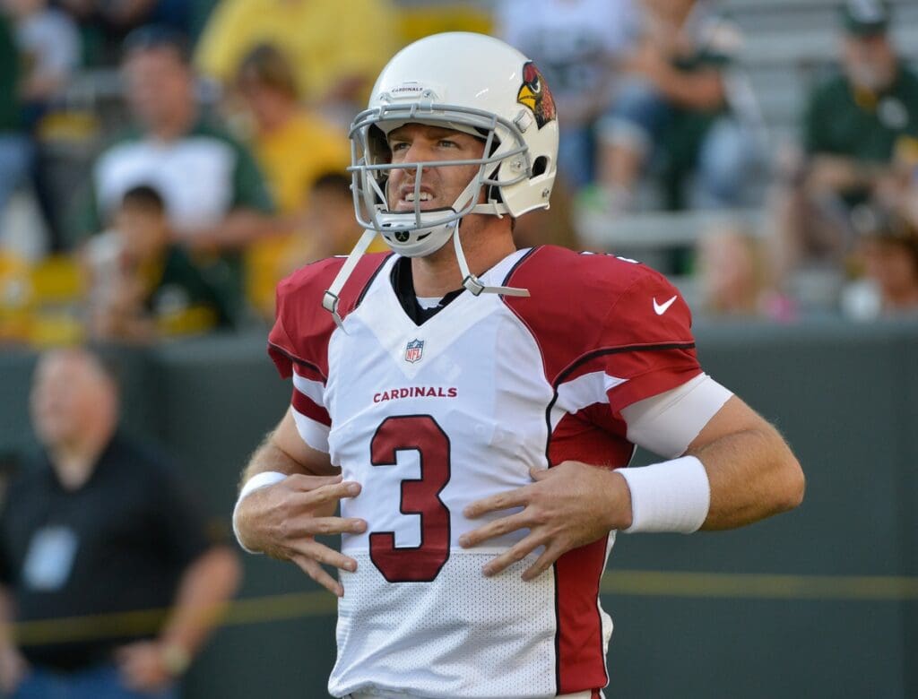 Aug 9, 2013; Green Bay, WI, USA; Arizona Cardinals quarterback Carson Palmer (3) during the game against the Green Bay Packers at Lambeau Field. 
