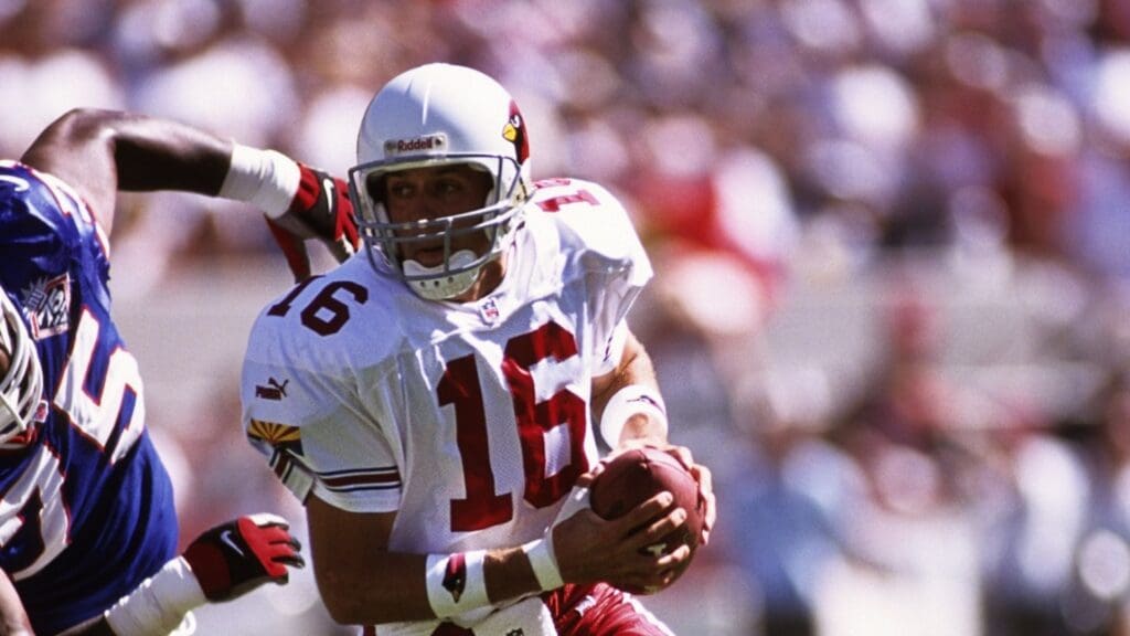 Oct 10, 1999; Tempe, AZ, USA; FILE PHOTO; Arizona Cardinals quarterback Jake Plummer (16) in action against New York Giants defensive tackle Keith Hamilton (16) at Sun Devil Stadium.