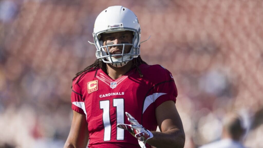 Jan 1, 2017; Los Angeles, CA, USA; Arizona Cardinals wide receiver Larry Fitzgerald (11) warms up prior to the game against the Los Angeles Rams at Los Angeles Memorial Coliseum.