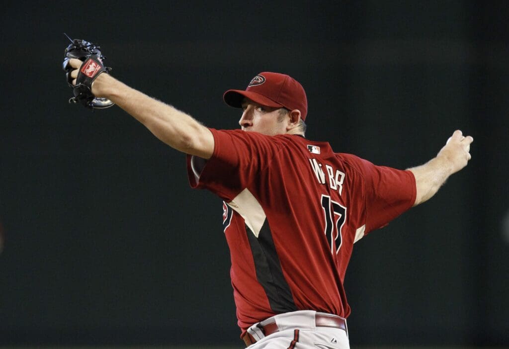 October 7, 2010; Phoenix, AZ, USA; Arizona Diamondbacks pitcher Brandon Webb (17) throws during an instructional game against the Colorado Rockies at Chase Field.