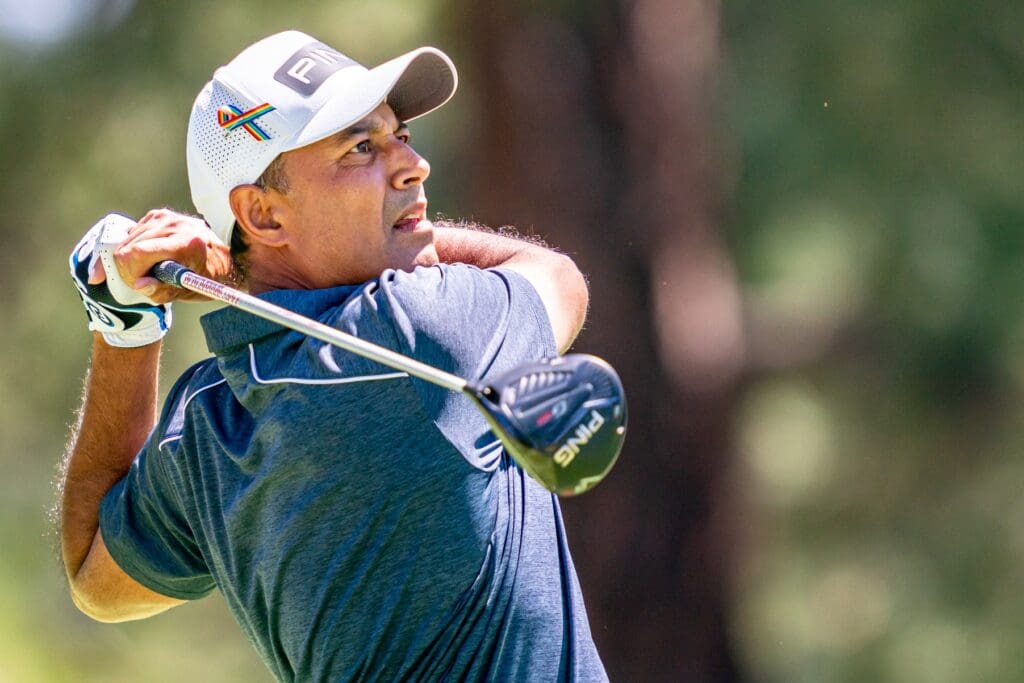 Aug 1, 2020; Truckee, CA, USA; Arjun Atwal hits the 6th hole tee during the third round of the Barracuda Championship golf tournament at Old Greenwood.