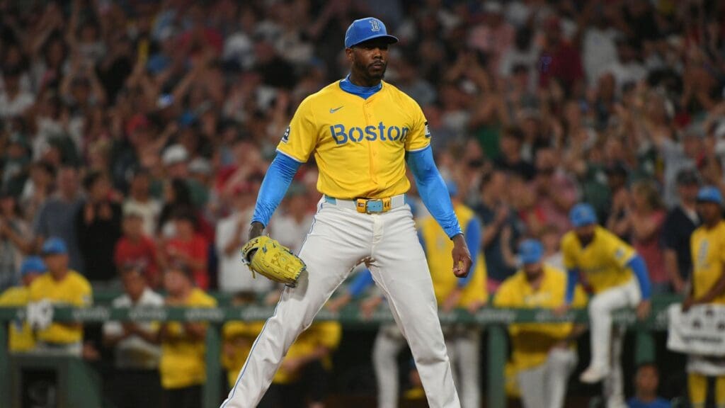 Jul 26, 2025; Boston, Massachusetts, USA; Boston Red Sox relief pitcher Aroldis Chapman (44) pitches during the ninth inning against the Los Angeles Dodgers at Fenway Park.