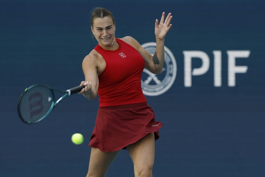 Mar 20, 2025; Miami, FL, USA; Aryna Sabalenka hits a forehand against Viktoriya Tomova (BUL)(not pictured) on day three of the Miami Open at Hard Rock Stadium