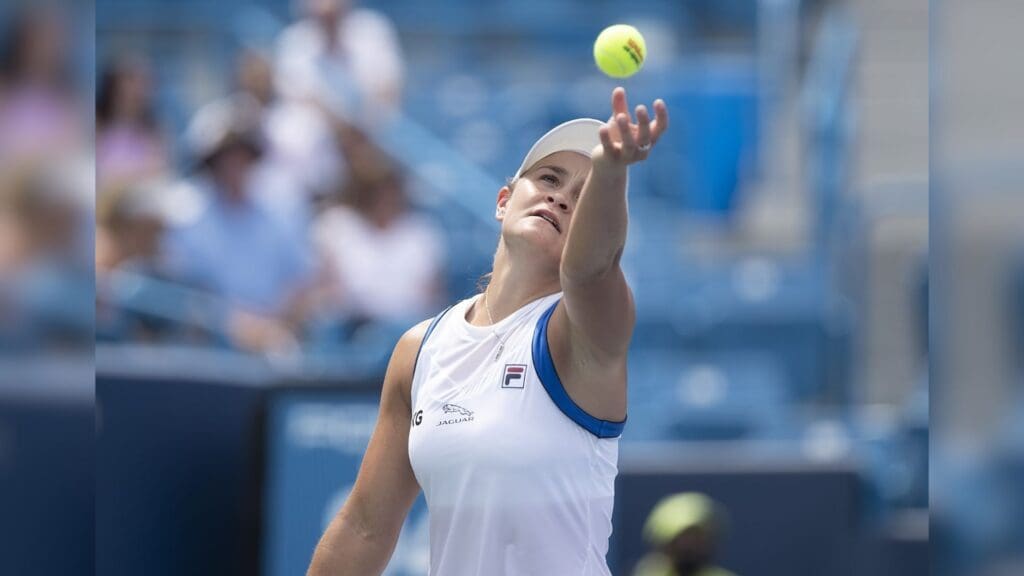 Aug 19, 2021; Mason, OH, USA; Ashleigh Barty (AUS) serves against Victoria Azarenka (BLR, not pictured) during the Western and Southern Open at Lindner Family Tennis Center.