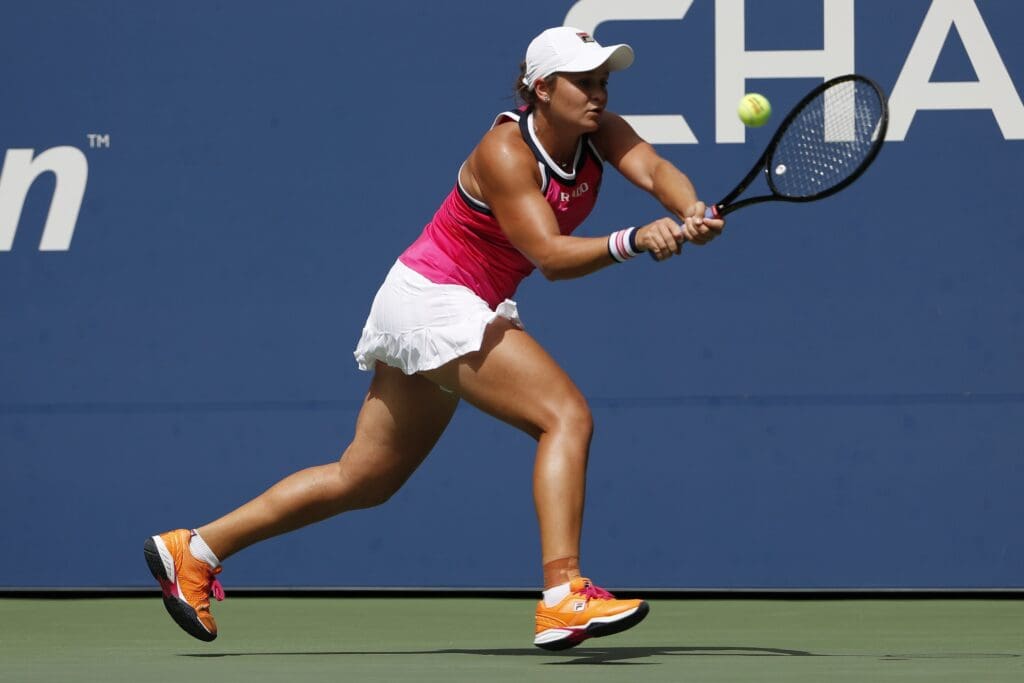 Sep 1, 2019; Flushing, NY, USA; Ashleigh Barty of Australia hits a backhand against Qiang Wang of China (not pictured) in the fourth round on day seven of the 2019 US Open tennis tournament at USTA Billie Jean King National Tennis Center.