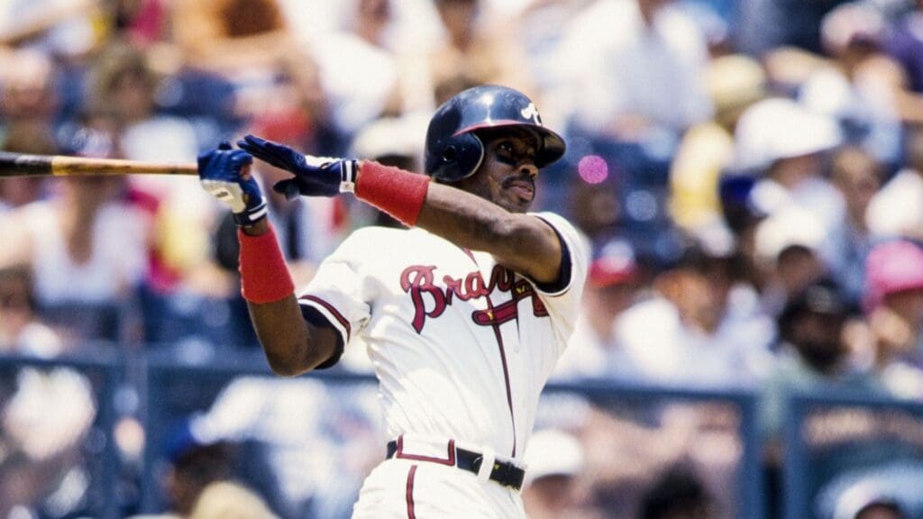 1996, Atlanta, GA, USA; FILE PHOTO; Atlanta Braves first baseman Fred McGriff in action at the plate at Fulton County Stadium during the 1996 season.