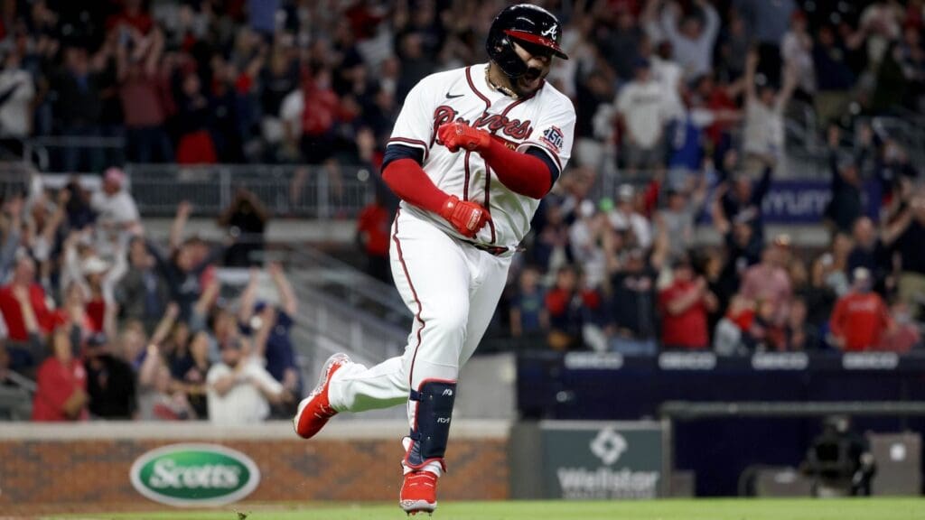 May 8, 2021; Atlanta, Georgia, USA; Atlanta Braves third baseman Pablo Sandoval (48) reacts after hitting a two run home run during the ninth inning against the Philadelphia Phillies at Truist Park.