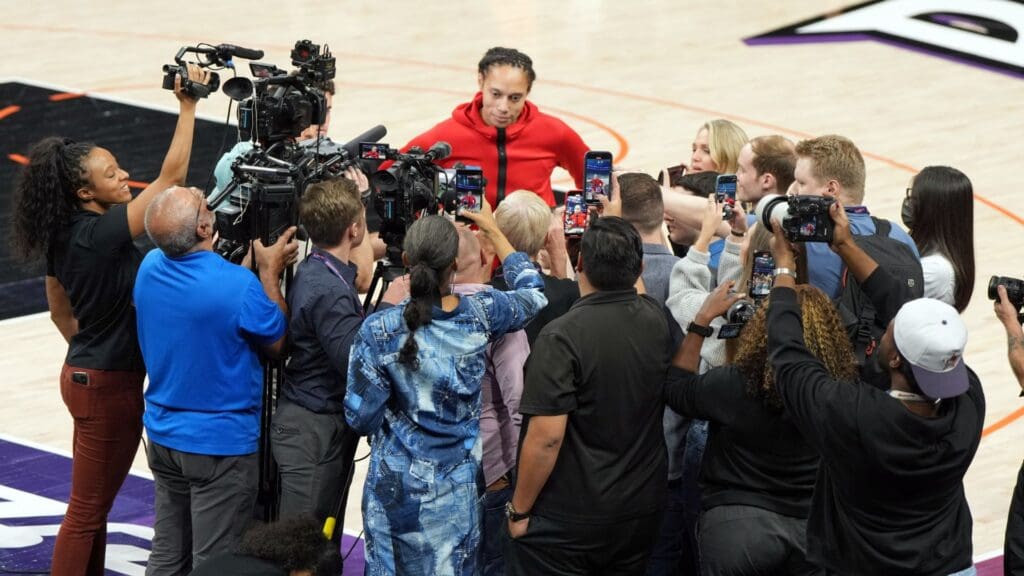 Jul 23, 2025; Phoenix, Arizona, USA; Atlanta Dream center Brittney Griner (42) talks to the media before a game against the Phoenix Mercury at Footprint Center