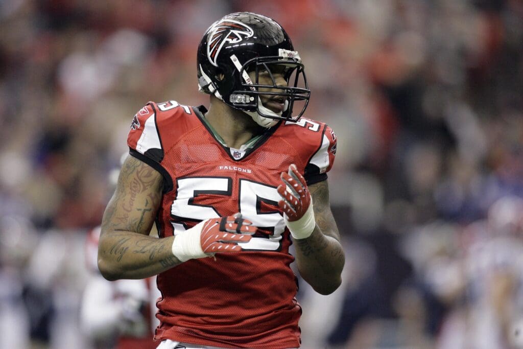 Dec 27, 2009; Atlanta, GA, USA; Atlanta Falcons defensive end John Abraham (55) in action against the Buffalo Bills in the first quarter at the Georgia Dome.