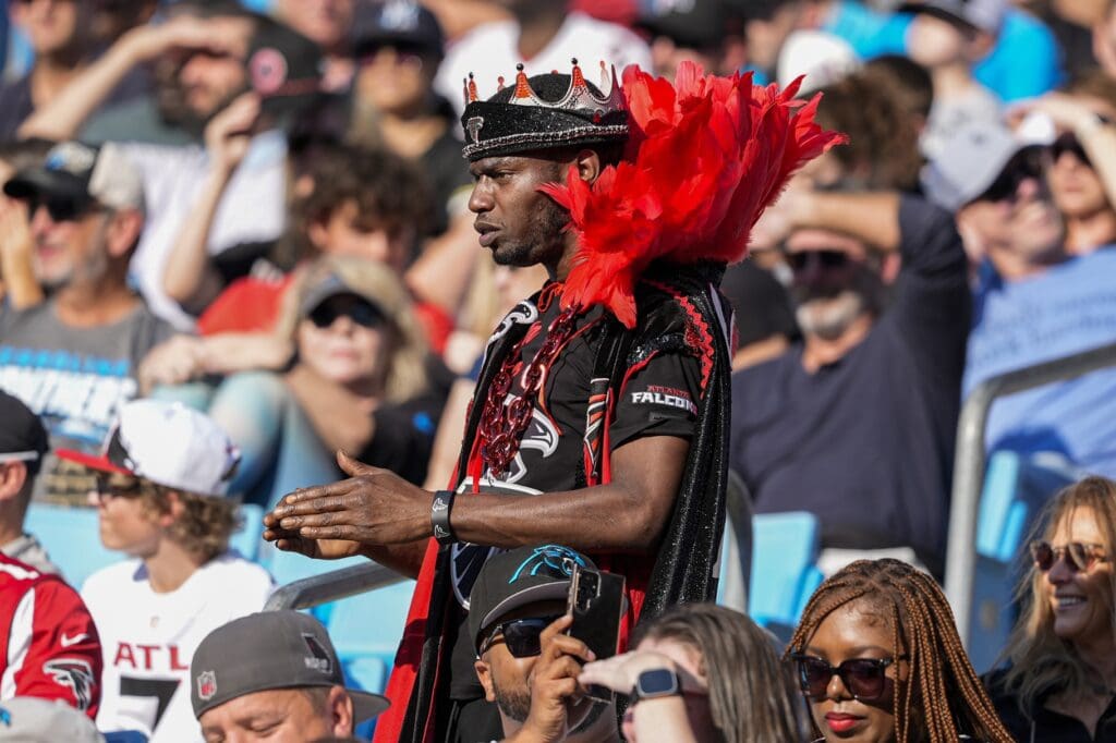 Oct 13, 2024; Charlotte, North Carolina, USA; Atlanta Falcons fans during the first quarter against the Carolina Panthers at Bank of America Stadium.