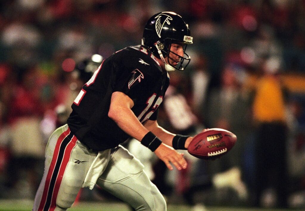 Jan 31, 1999; Miami, FL, USA; FILE PHOTO; Atlanta Falcons quarterback Chris Chandler (12) in action against the Denver Broncos during Super Bowl XXXIII at Dolphin Stadium. The Broncos defeated the Falcons 34-19.