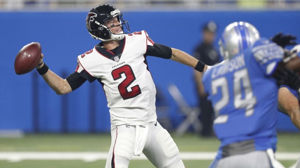 Sep 24, 2017; Detroit, MI, USA; Atlanta Falcons quarterback Matt Ryan (2) throws the ball during the first quarter against the Detroit Lions at Ford Field.