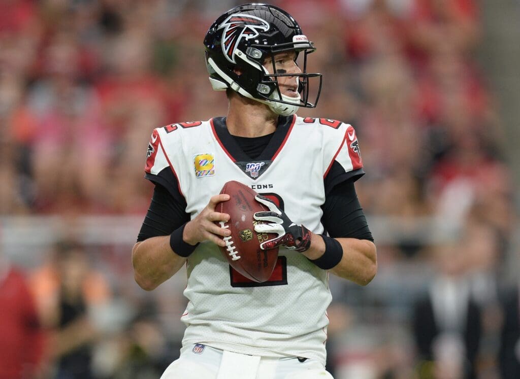 Oct 13, 2019; Glendale, AZ, USA; Atlanta Falcons quarterback Matt Ryan (2) drops back to pass against the Arizona Cardinals during the second half at State Farm Stadium.
