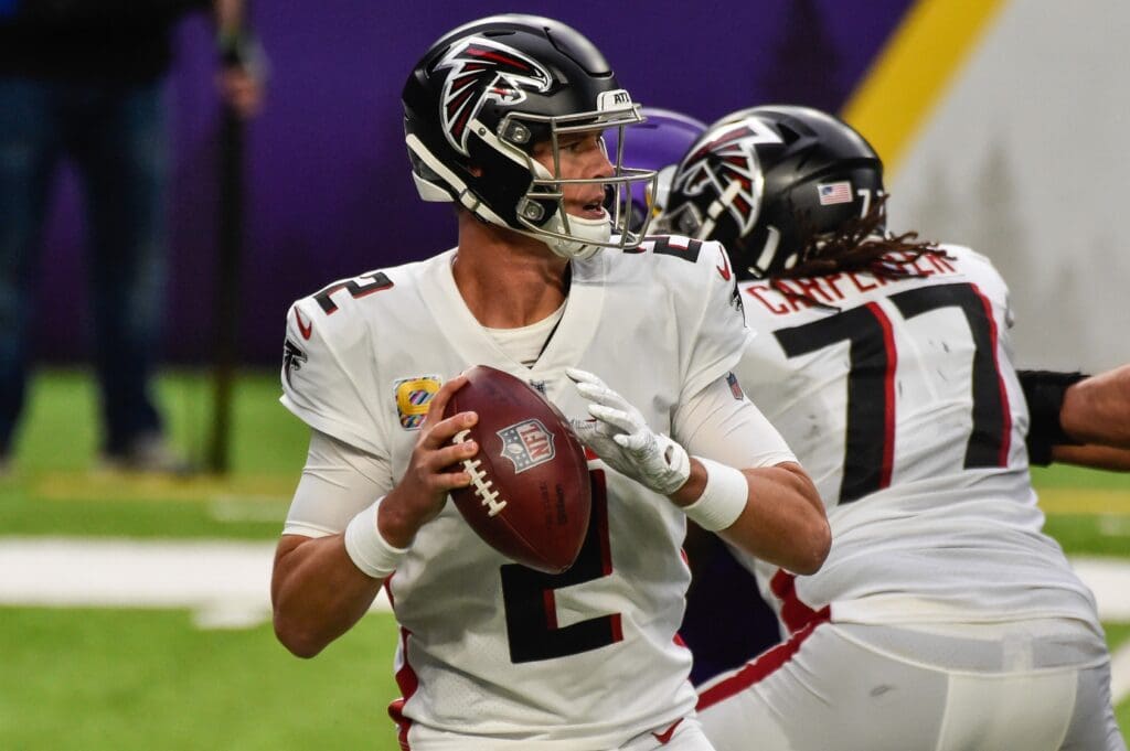 Oct 18, 2020; Minneapolis, Minnesota, USA; Atlanta Falcons quarterback Matt Ryan (2) in action during the game between the Minnesota Vikings and the Atlanta Falcons at U.S. Bank Stadium. 