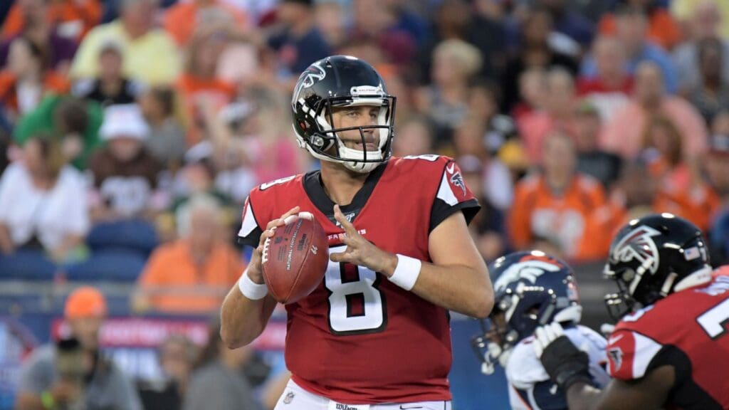 Aug 1, 2019; Canton, OH, USA; Atlanta Falcons quarterback Matt Schaub (8) throws the ball against the Denver Broncos the Pro Football Hall of Fame Game at Tom Benson Hall of Fame Stadium. The Broncos defeated the Falcons 14-10.