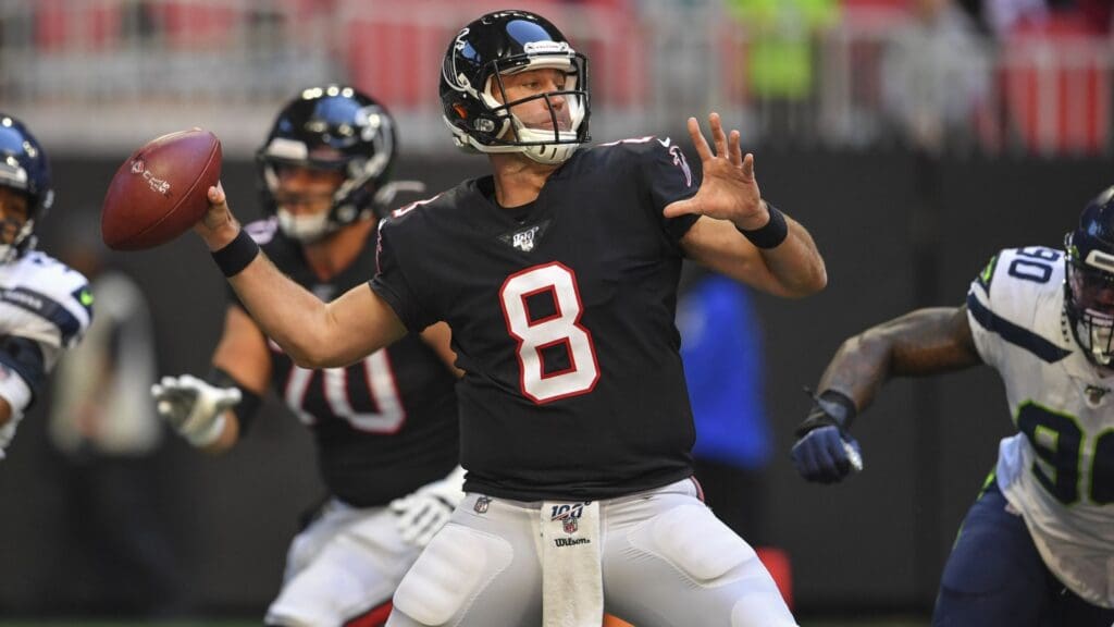 Oct 27, 2019; Atlanta, GA, USA; Atlanta Falcons quarterback Matt Schaub (8) throws a pass against the Seattle Seahawks during the first quarter at Mercedes-Benz Stadium. 