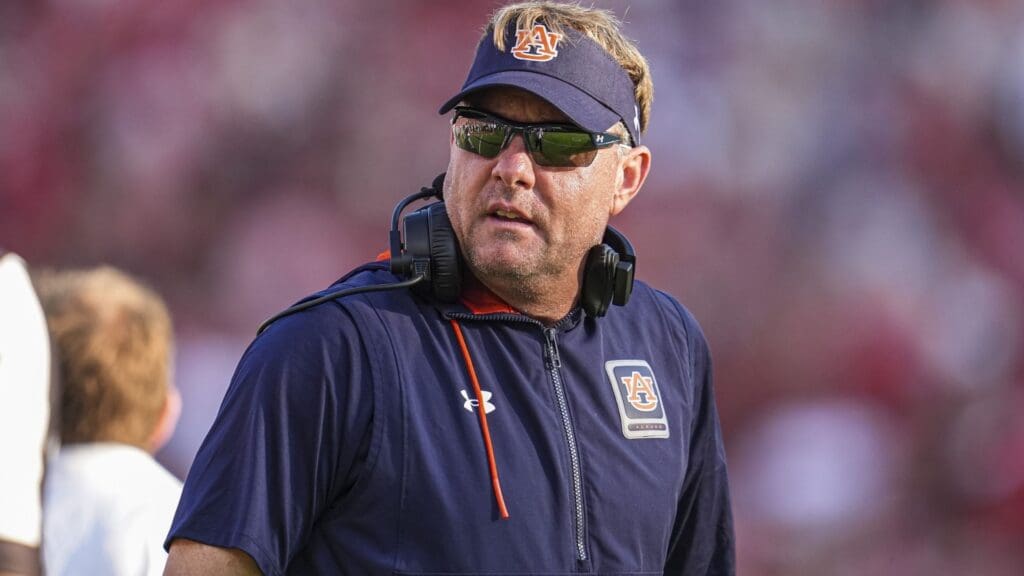 Oct 5, 2024; Athens, Georgia, USA; Auburn Tigers head coach Hugh Freeze on the field against the Georgia Bulldogs at Sanford Stadium.