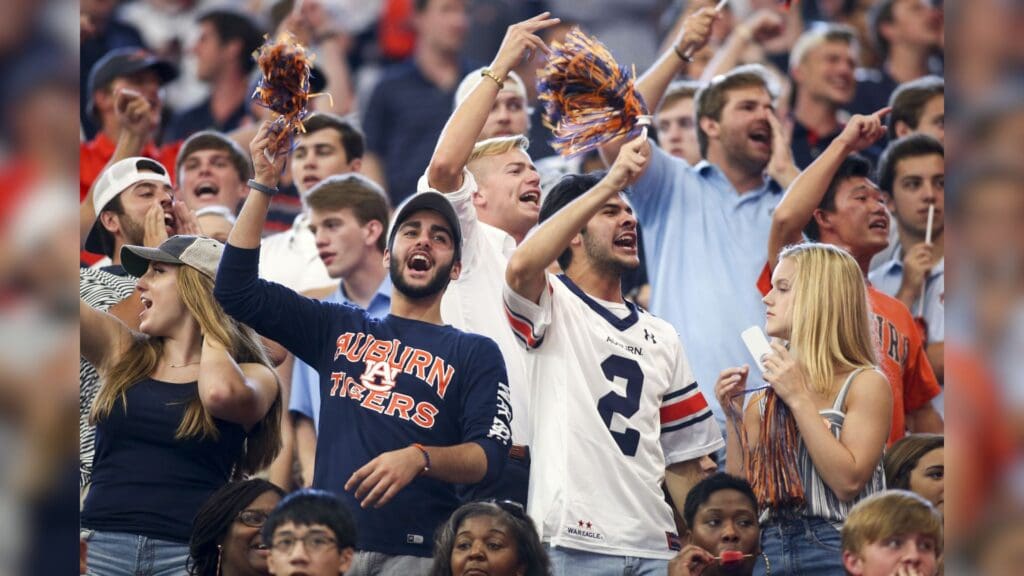 Sep 1, 2018; Atlanta, GA, USA; Auburn Tigers fans cheer against the Washington Huskies in the second quarter at Mercedes-Benz Stadium.