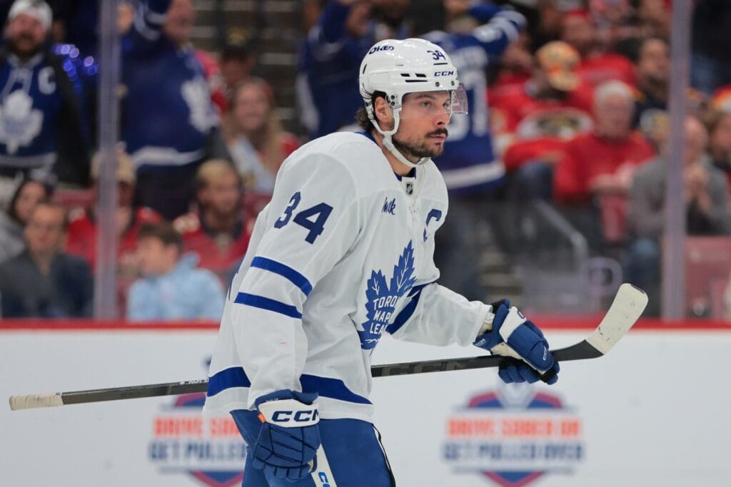 May 16, 2025; Sunrise, Florida, USA; Toronto Maple Leafs center Auston Matthews (34) looks on after scoring against the Florida Panthers during the third period in game six of the second round of the 2025 Stanley Cup Playoffs at Amerant Bank Arena.