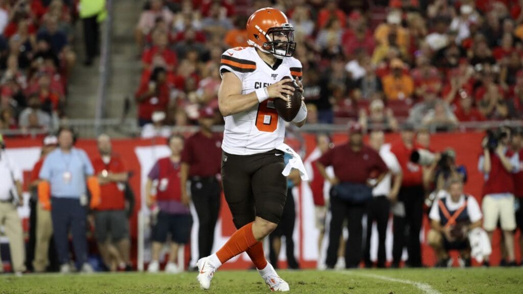 Aug 23, 2019; Tampa, FL, USA; Cleveland Browns quarterback Baker Mayfield (6) throws during the game against the Tampa Bay Buccaneers at Raymond James Stadium.