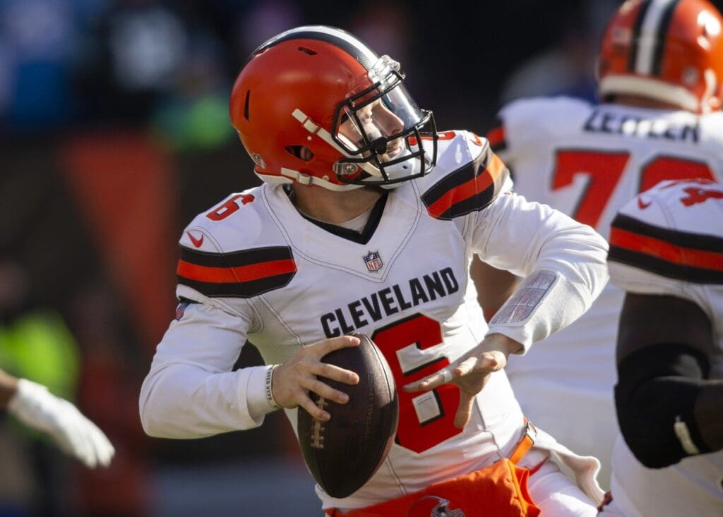 Dec 9, 2018; Cleveland, OH, USA; Cleveland Browns quarterback Baker Mayfield (6) throws a pass for a first down against the Carolina Panthers during the first quarter at FirstEnergy Stadium.