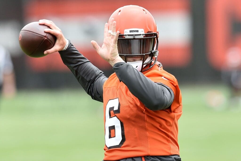 Jun 4, 2019; Berea, OH, USA; Cleveland Browns quarterback Baker Mayfield (6) throws a pass during minicamp at the Cleveland Browns training facility.