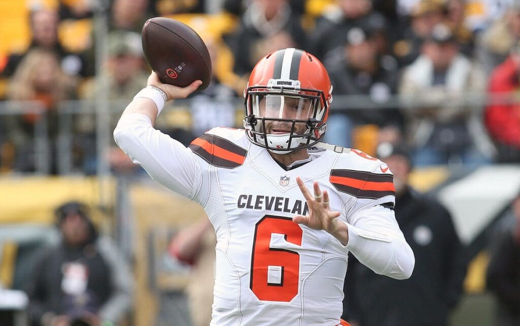 Oct 28, 2018; Pittsburgh, PA, USA; Cleveland Browns quarterback Baker Mayfield (6) passes against the Pittsburgh Steelers during the first quarter at Heinz Field.