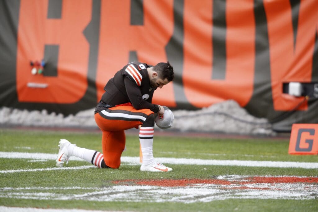 Jan 3, 2021; Cleveland, Ohio, USA; Cleveland Browns quarterback Baker Mayfield (6) kneels in the end zone before the game against the Pittsburgh Steelers at FirstEnergy Stadium.