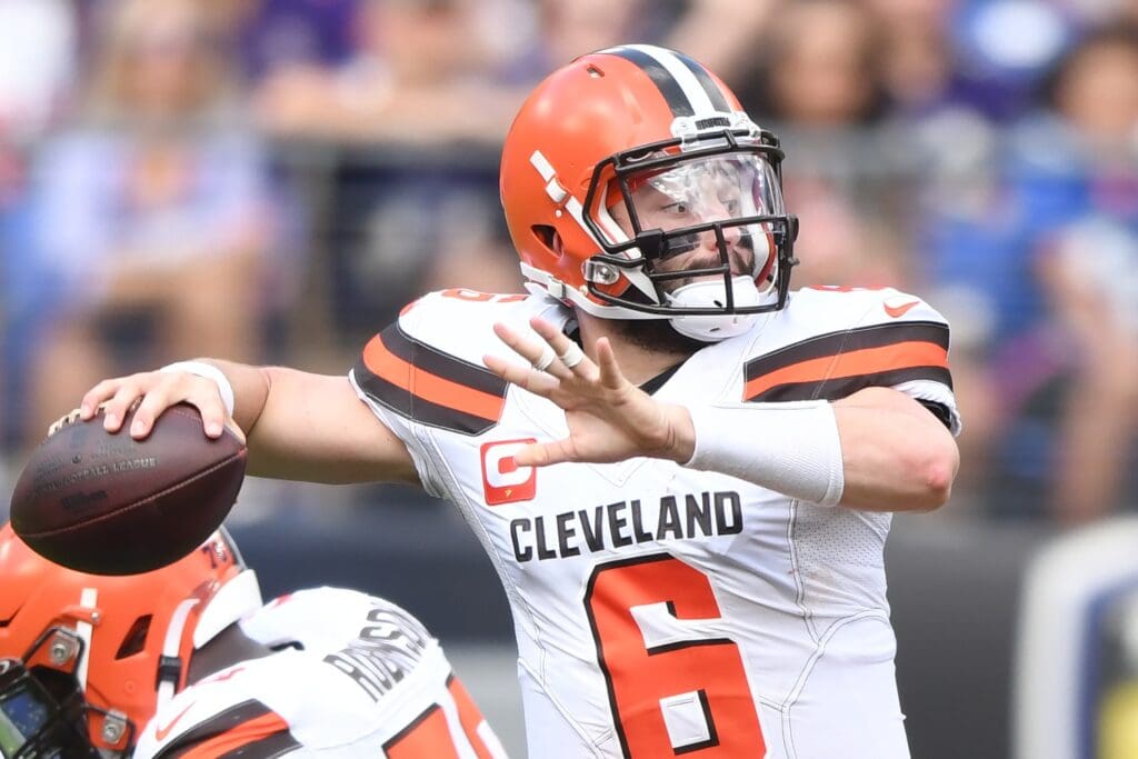 Sep 29, 2019; Baltimore, MD, USA; Cleveland Browns quarterback Baker Mayfield (6) throws a pass in the first quarter in a football game against the Baltimore Ravens at M&T Bank Stadium.