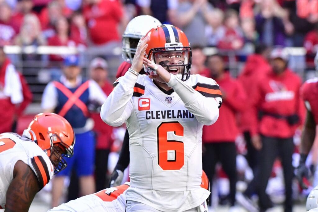 Dec 15, 2019; Glendale, AZ, USA; Cleveland Browns quarterback Baker Mayfield (6) calls time out during the first half against the Arizona Cardinals at State Farm Stadium.