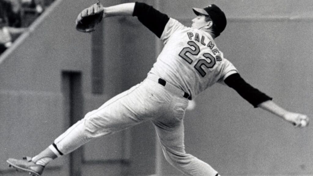 Aug 1966; Unknown location USA; FILE PHOTO; Baltimore Orioles pitcher Jim Palmer (22) in action.