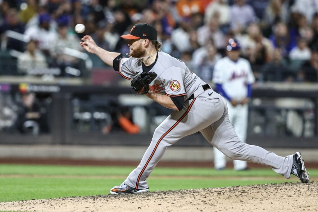 Aug 20, 2024; New York City, New York, USA; Baltimore Orioles relief pitcher Craig Kimbrel (46) pitches in the ninth inning against the New York Mets at Citi Field.