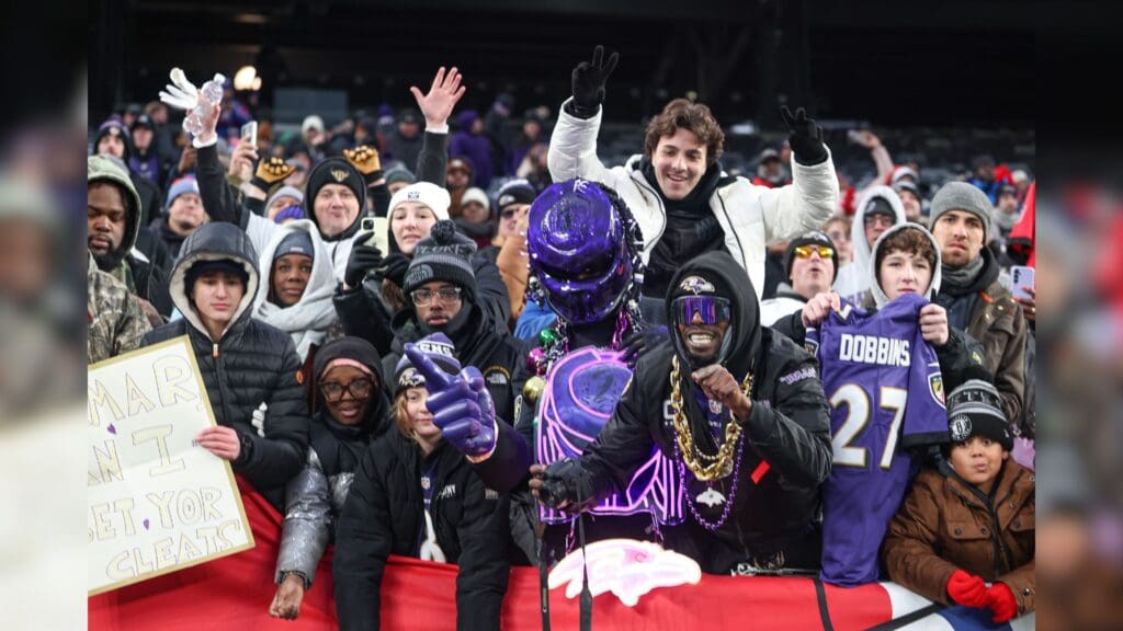 Dec 15, 2024; East Rutherford, New Jersey, USA; Baltimore Ravens fans cheer after the game against the New York Giants at MetLife Stadium.