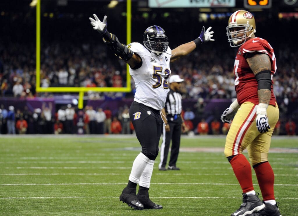 Feb 3, 2013; New Orleans, LA, USA; Baltimore Ravens inside linebacker Ray Lewis (52) celebrates after the San Francisco 49ers failed to convert on fourth down in the fourth quarter in Super Bowl XLVII at the Mercedes-Benz Superdome.