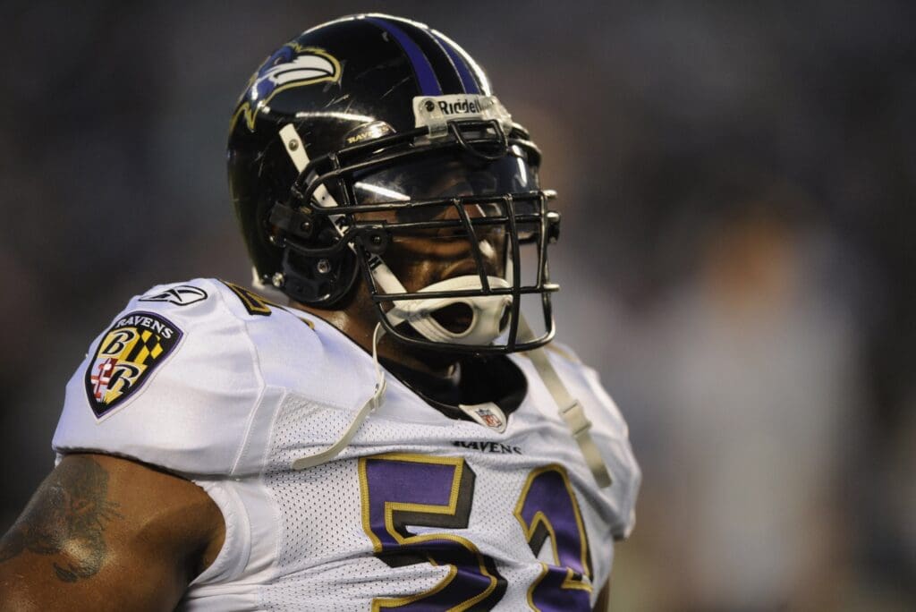 December 18, 2011; San Diego, CA, USA; Baltimore Ravens line backer Ray Lewis (52) prior to the game against the San Diego Chargers at Qualcomm Stadium.