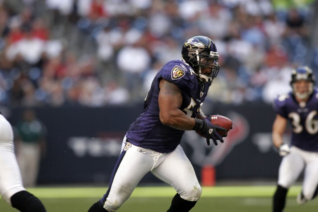 Nov 9, 2008; Houston, TX, USA; Baltimore Ravens linebacker Ray Lewis (52) returns an interception against the Houston Texans in the fourth quarter at Reliant Stadium. The Ravens defeated the Texans 41-13.
