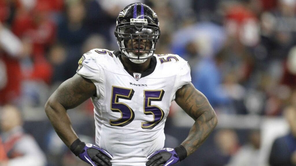 Dec 13, 2010; Houston, TX, USA; Baltimore Ravens linebacker Terrell Suggs (55) against the Houston Texans in the fourth quarter at Reliant Stadium. The Ravens defeated the Texans 34-28.
