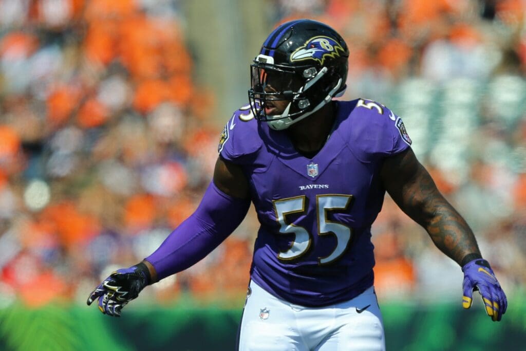 Sep 10, 2017; Cincinnati, OH, USA; Baltimore Ravens outside linebacker Terrell Suggs (55) against the Cincinnati Bengals at Paul Brown Stadium.