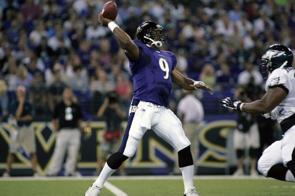 Aug 17, 2006; Baltimore, MD, USA; Baltimore Ravens quarterback (9) Steve McNair attempts a pass against the Philadelphia Eagles in the first quarter at M&T Bank Stadium in Baltimore, MD.