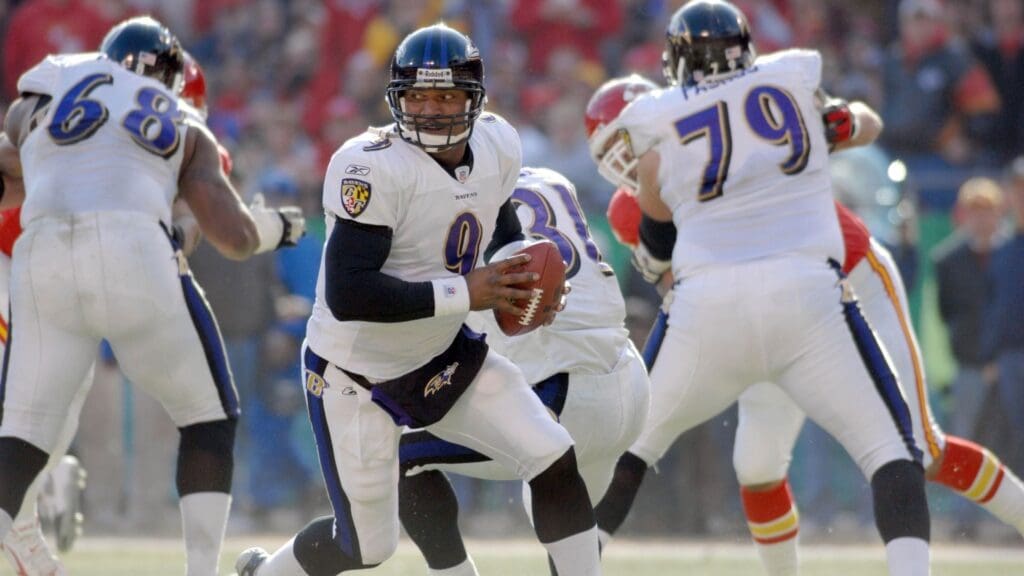 Dec 10, 2006; Kansas City, MO, USA: Baltimore Ravens quarterback (9) Steve McNair drops back to pass in the second quarter against the Kansas City Chiefs at Arrowhead Stadium in Kansas City, MO.